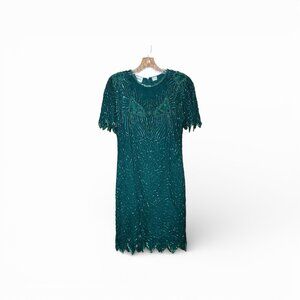 VTG Denise Elle SILK Midi Dress Green Beaded Sequined Size Petite Sm Party Guest